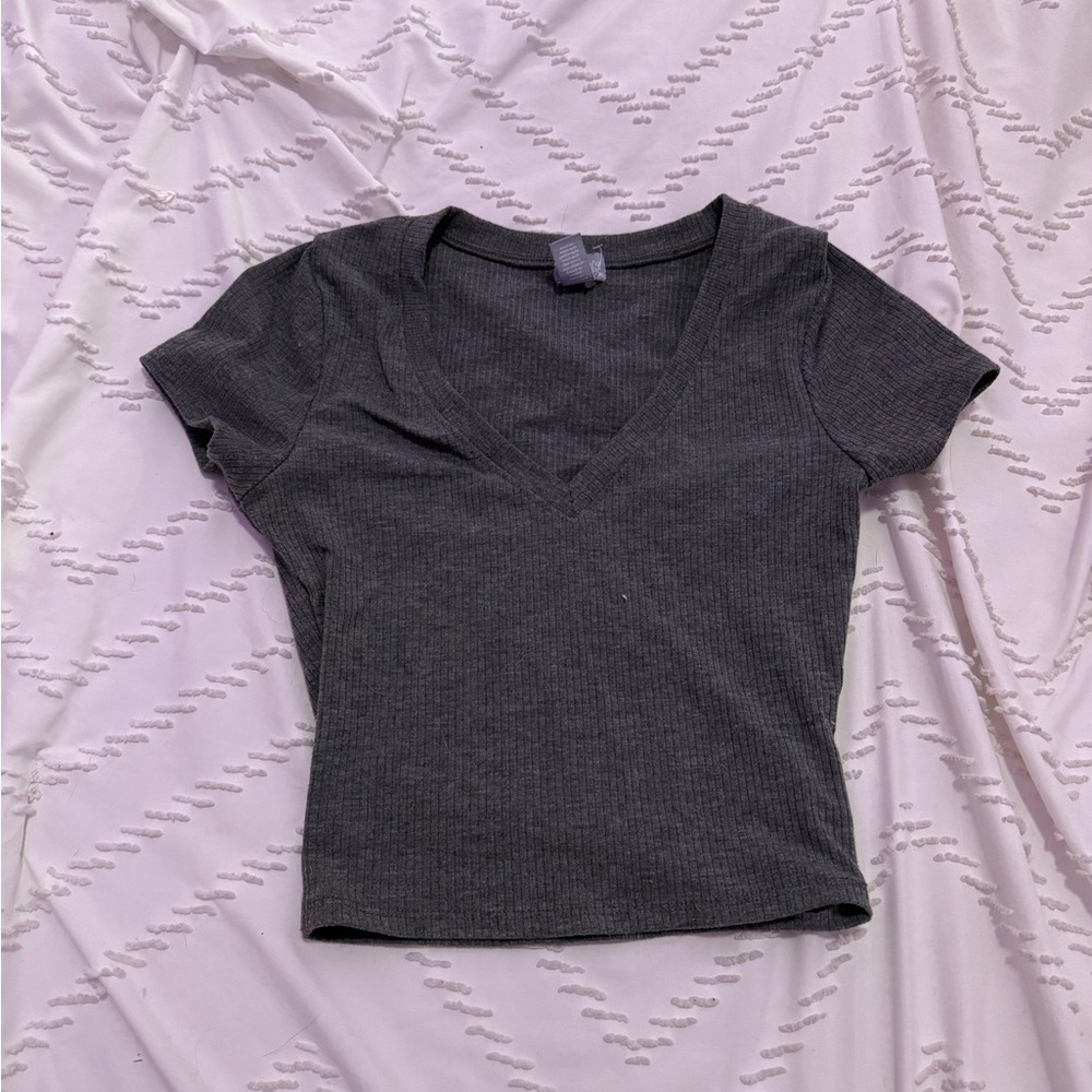 Charcoal V-Neck Ribbed Women's Top